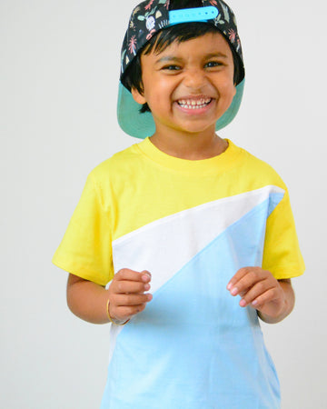 100% Organic Cotton Abstract Color block  T-Shirt in Buttercup, Crystal Blue & White colour