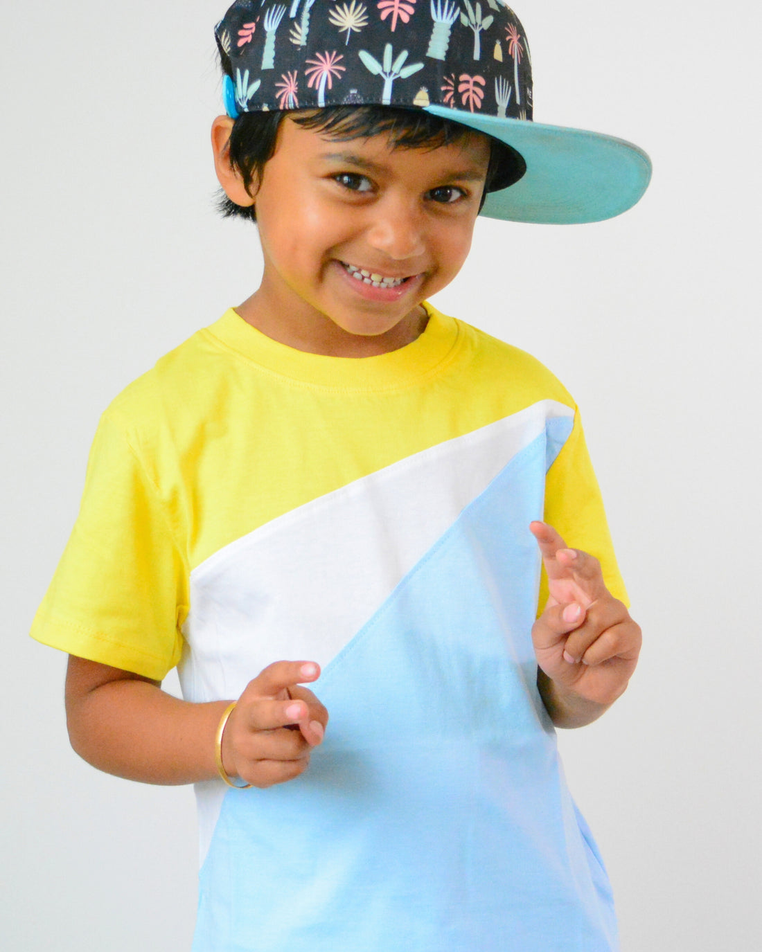 100% Organic Cotton Abstract Color block  T-Shirt in Buttercup, Crystal Blue & White colour