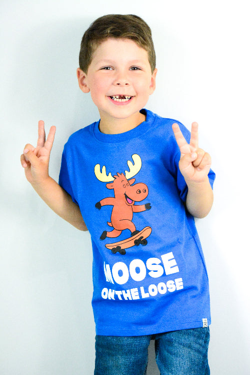 Blue Organic Cotton Boys T Shirt with moose Print Canada star Canadian